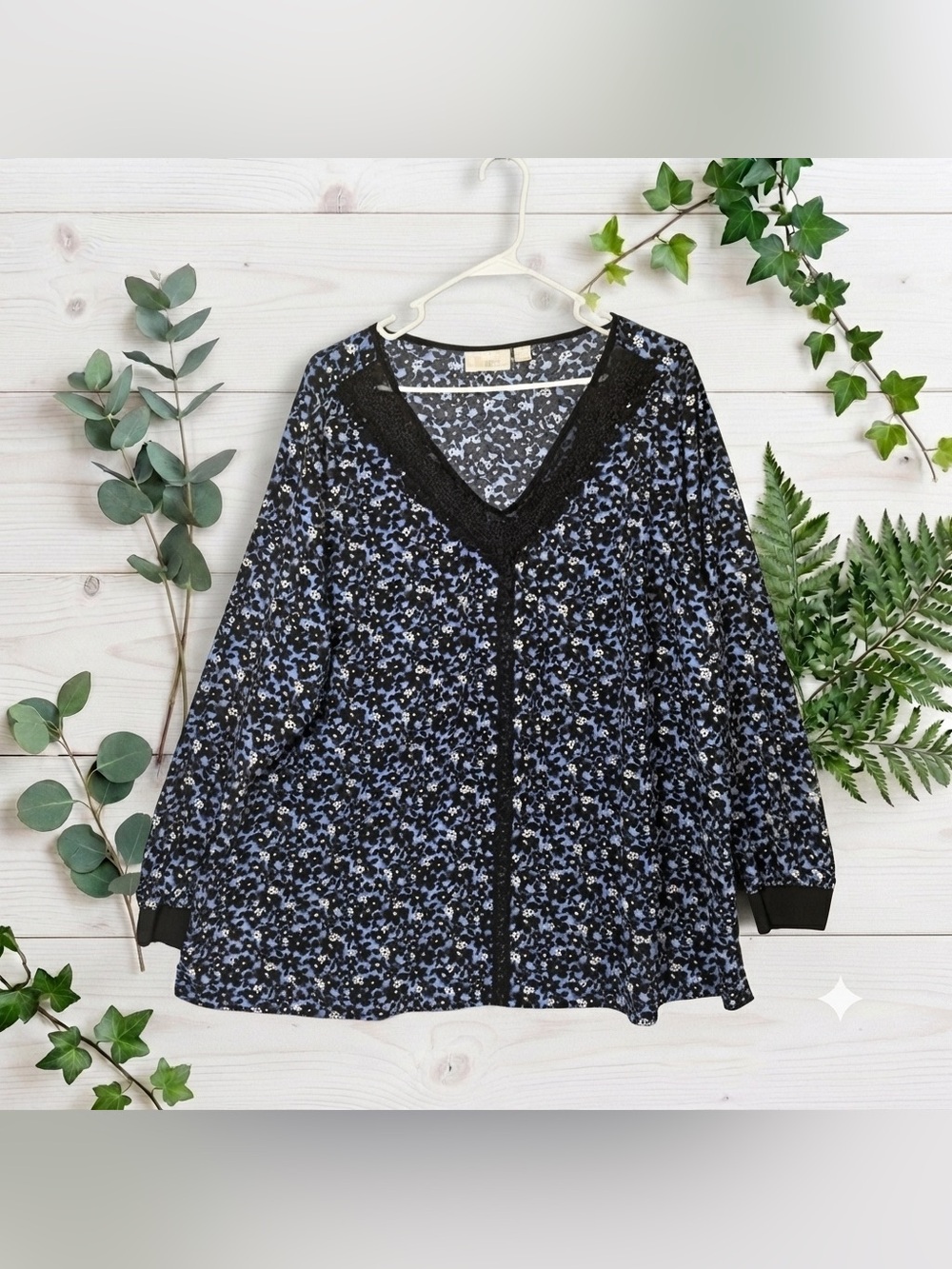Belle by Kim Gravel Womens Top 2X Long Sleeve Tunic Blue Dark Floral Flowy Plus